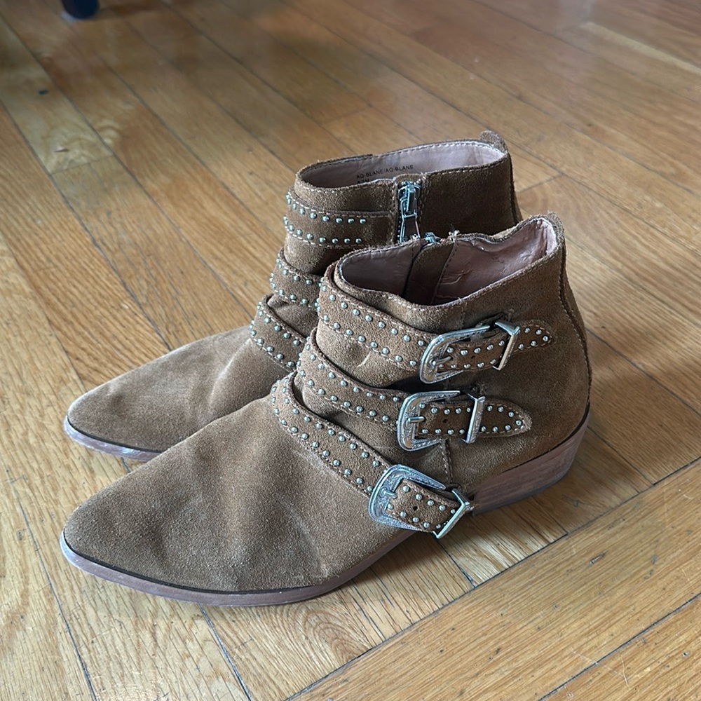 Aqua brown suede boots with embellishment